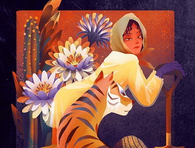 a girl working hard with her tiger character drawing illustrations illustration tiger traditional art woman yellow