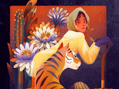 a girl working hard with her tiger character drawing illustrations illustration tiger traditional art woman yellow