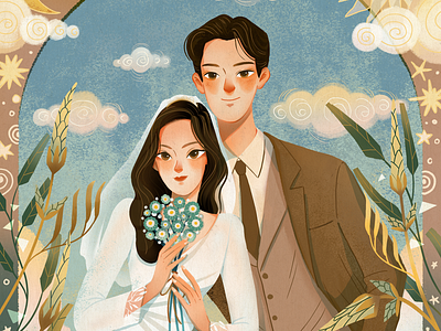 Bride and Groom bridal bride celebration character drawing groom il illustration moon photoshop sky star sun wedding