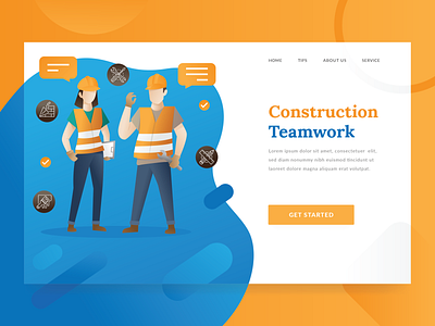 Construction Landing Page architechture character colorful construction engineer flat gradient illustration landing people worker