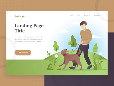 Pet Care Landing Page adoption cat character cute dog doggy family happiness header homepage illustration landing page man people pet shop pets
