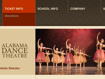 Alabama Dance Theatre brown design dropdown nav tan website