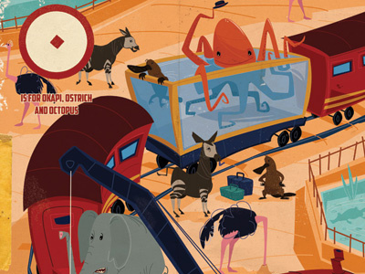 O is for okapi, ostrich and octopus illustrator octopus okapi ostrich red train