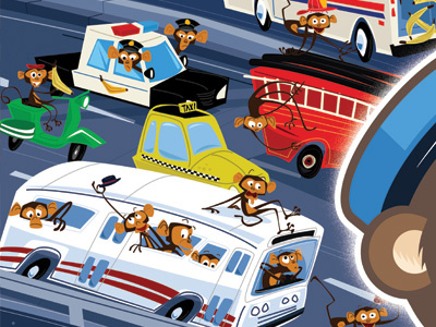 Mailchimp 2 bus cars fire engine monkey police scooter traffic