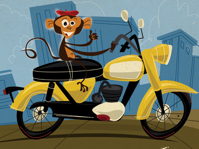 Motorcycle app blue city illustrator kids monkey motorcycle urban yellow