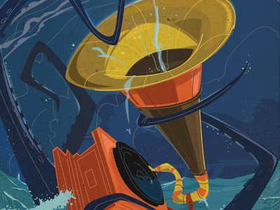 Death of the Music Industry blue drowning gramaphone kracken orange squid victrola water yellow