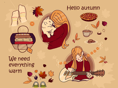 Autumn vibe adobe illustrator autumn cartoon cat character design comfy cosy cute design fall girl illustration september vector warm