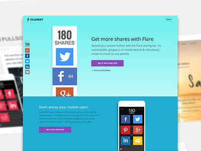 Flare by Filament Site Redesign blue features matrix filament flare gradient purple share social social icons web app