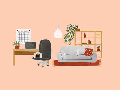 The living and the studio bureau flat illustration house illustration ikea ikea light illustration kallax livingroom pillow procreate room decor schedule sofa studio working chair working space