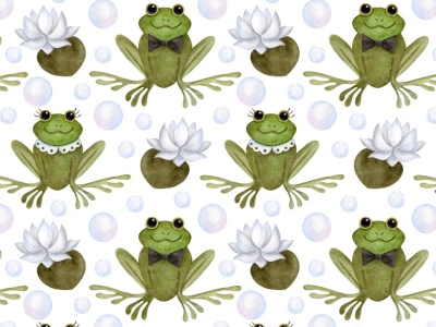 Fansy frogs fabric graphic design hand drawn illustration kids design seamless pattern wallpaper watercolor