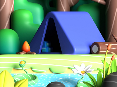 3D Camp in the Forest Illustration 3d blender camp campfire design forest graphic design illustration natural river