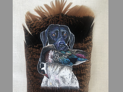 Dog with a Duck acrylic dog duck feather turkey wood duck