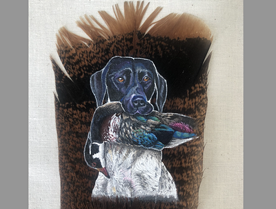 Dog with a Duck acrylic dog duck feather turkey wood duck