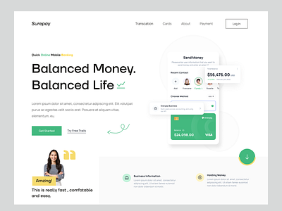 Finance Landing Page. bank account bank card banking business cash clean credit card debit features financial fintech hero section minimal mobile banking neobank payment teansfer ui web webpage