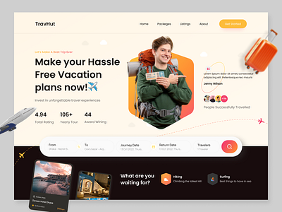 TravHut Landing Page. clean colorful destination homepage landing page plan tour packeg travel header travel landing page travel landinh travel plan travel web travel web design traveller travelui trip tuorism typography user interface vacation