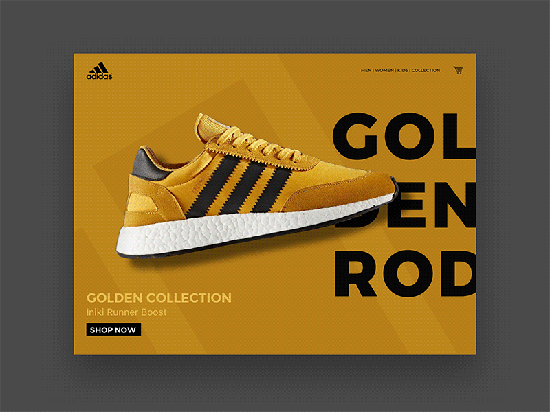 Adidas Iniki Goldenrod concept splash pages adidas concept mockups sneakers splash page tabletdesign ui webdesign