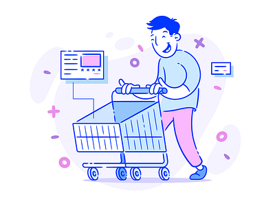 Shopping app branding cart character illustration online shopping smile store
