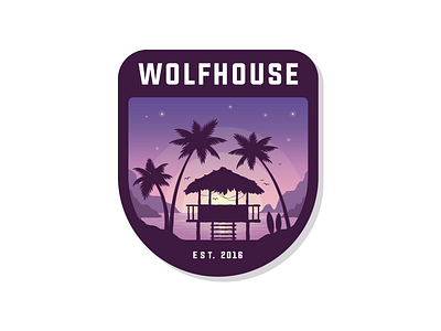 Wolfhouse badge badge beach hipster hut illustration landscape logo palm sunset typography