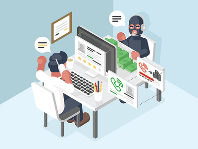 "Wangiri" Scam computer crime cyber flat hack illustration isometric office