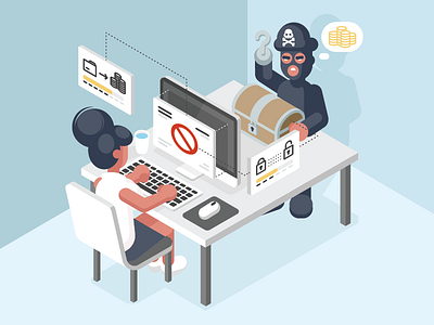 Ransomware crime cyber flat illustration isometric office pirate ransom