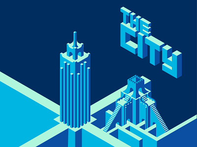 The City 3d blue building illustration isometric temple tower