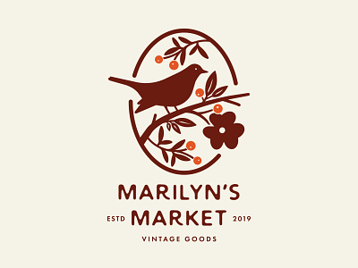 Marilyn's Market berries bird branch floral flower flowers leaf logo logo design vintage