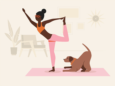 yoga at home dog doggy exercise living room midcentury plant stretch stretching workout yoga yogi