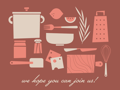 let's cook! utensils spatula cheese retro invite invitation foodie food cookbook cook ingredients cooking class cooking