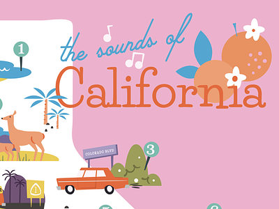 the sounds of california map cactus california deer map music ocean oranges palm tree retro travel