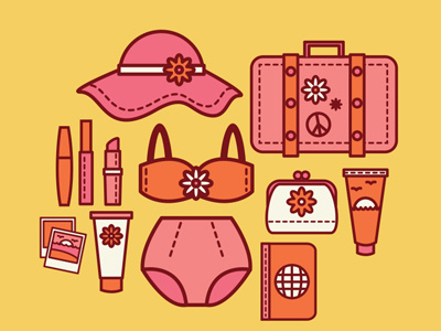 girl things floppy hat makeup hat hippie passport pouch purse retro suitcase sunscreen swimsuit vintage