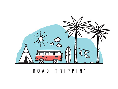 road trippin' california camping island palm tree summer sun surf surf board swimsuit teepee van