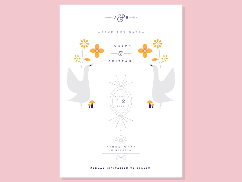 invitation wedding arrow mushrooms leaves duck ducks flowers birds invitation
