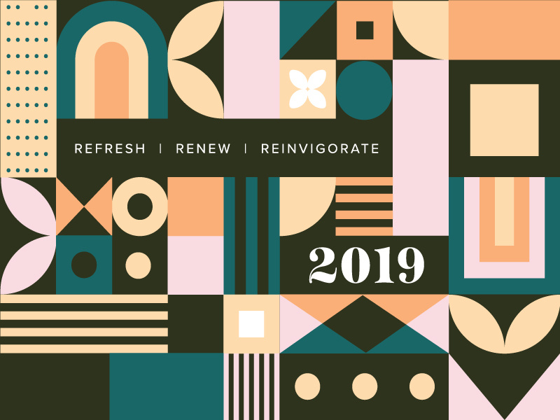 refresh | renew | reinvigorate refresh new year 2019 banner minimalist minimal square circle pattern shapes abstract