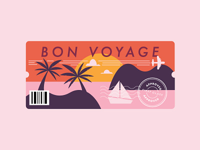 bon voyage boarding pass boat bon voyage island palm tree plane sail boat sailboat sunset ticket travel vacation