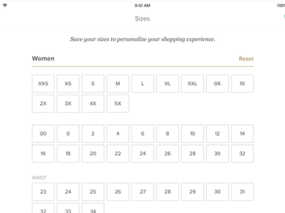 Select Your Sizes ecommerce ipad retail shopping size sizes tablet