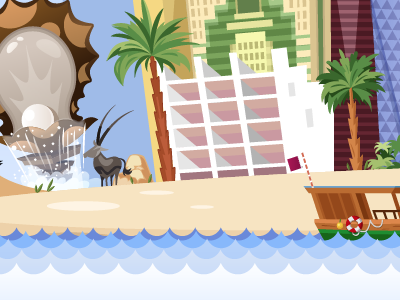 Qatar Theme Artwork beach boat buildings dhow oryx palm pearl qatar recue ring trees water