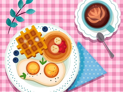 Cute Breakfast breakfast checkered coffee cute eggs food foodie freelance girly illustration illustration art lady love pancake vector waffles yummy