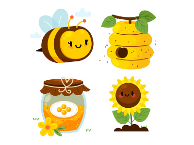 Honey Bee Vectors bee bees buy cartoon cute cute illustration daisy hive honey jar kawaii sale style sunflower vector