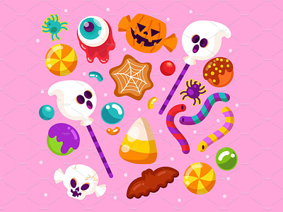 Halloween Candy Collection bat candy chocolate cookies corn cute freelance ghost gummy halloween illustration loillipops pumpkin skull spider treats tricks vector web worms