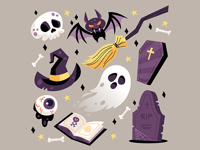 Halloween Elements Collection bat bones book broom cartoon coffin collection ghost gravestone halloween haunted haunting skull spellbook spells spooky web witch