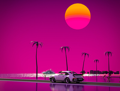 Neon Beach 3d 3d illustration 80s abstract animation artwork beach branding car design digital graphic design illustration landscape logo neon sunny ui vector vhs