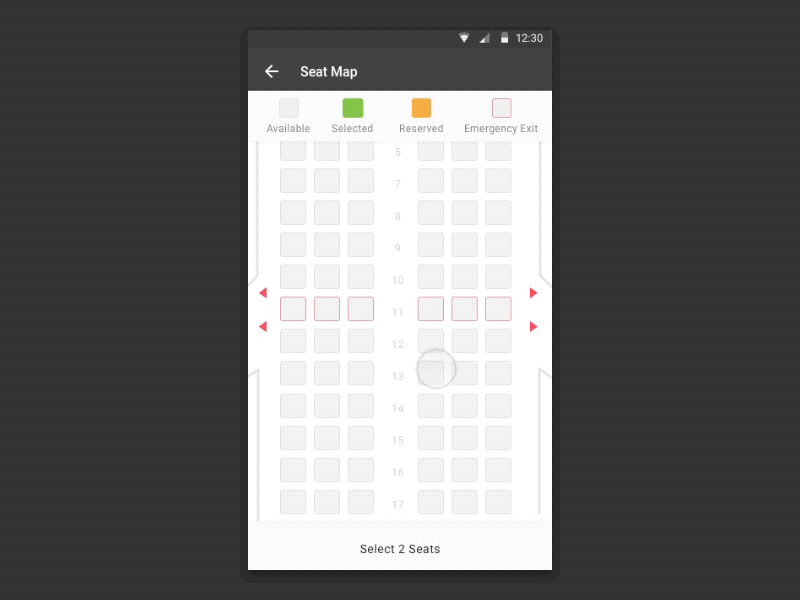 Seat Map app booking card clean dailyui design minimal principle travel ui