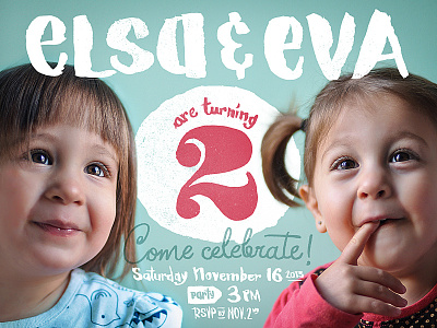 Twins 2nd birthday birthday girls handdrawn invitation invite party photography portrait retouch twins typography
