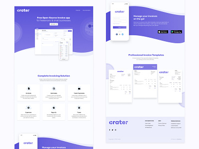 Crater - Invoice App Landing Page app design design home page illustration invoice app landing page product page purple ui ui design ux web web design