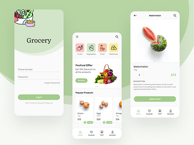 Grocery App Design app design app ui design design ecommerce app green ui groceryapp home page illustration landing page log in page product page shopping app ui ux