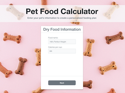 Pet Food Calculator - Dry Food Information app design pet food prototype ui ux