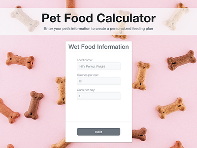 Pet Food Calculator - Wet Food Information app design pet food prototype ui ux