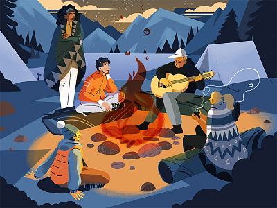 Bonfire campers camping character cute design fire flat graphic group guitar illustration love music nature night peeps study vector webdesign