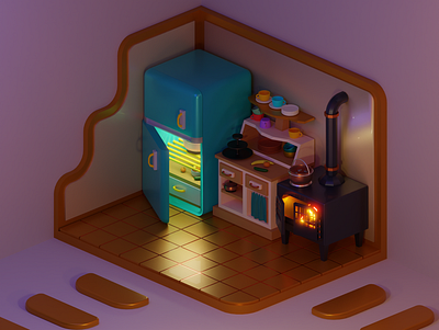 Little kitchen (Night version) 3d design illustration