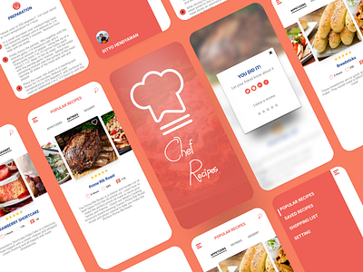 Chef Recipes Mobile App - UI appetizers chef chef recipes dessert entrees food foodui meat orange popular popular recipes recipes red review ui